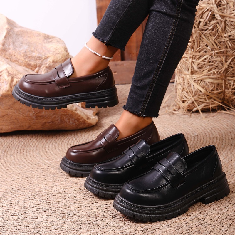 Leather Work Women Shoes - Women's Brown Leather Loafers with Chunky