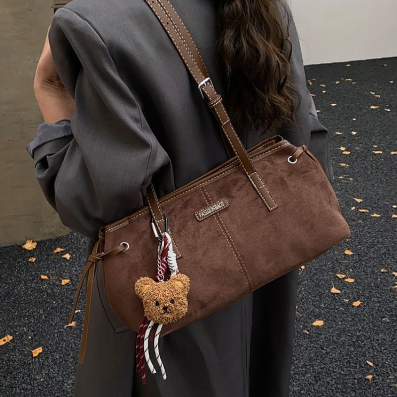 Leather Work Outfit - Vintage Brown Suede Shoulder Bag with