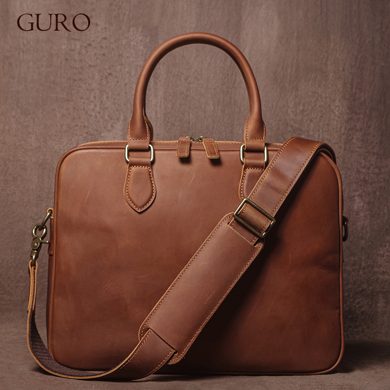 Leatherwork Bag - GURO Men Crazy Horse Cowhide Briefcase