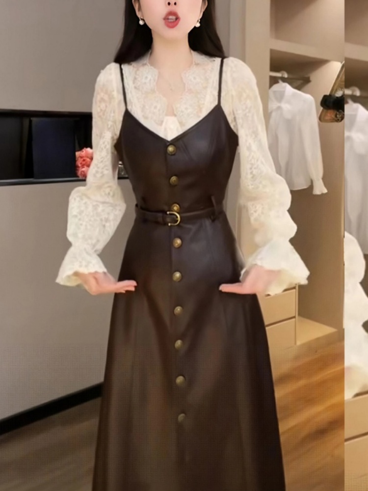 Leather Work Outfit - Retro Lace Splicing Leather Strap Dress
