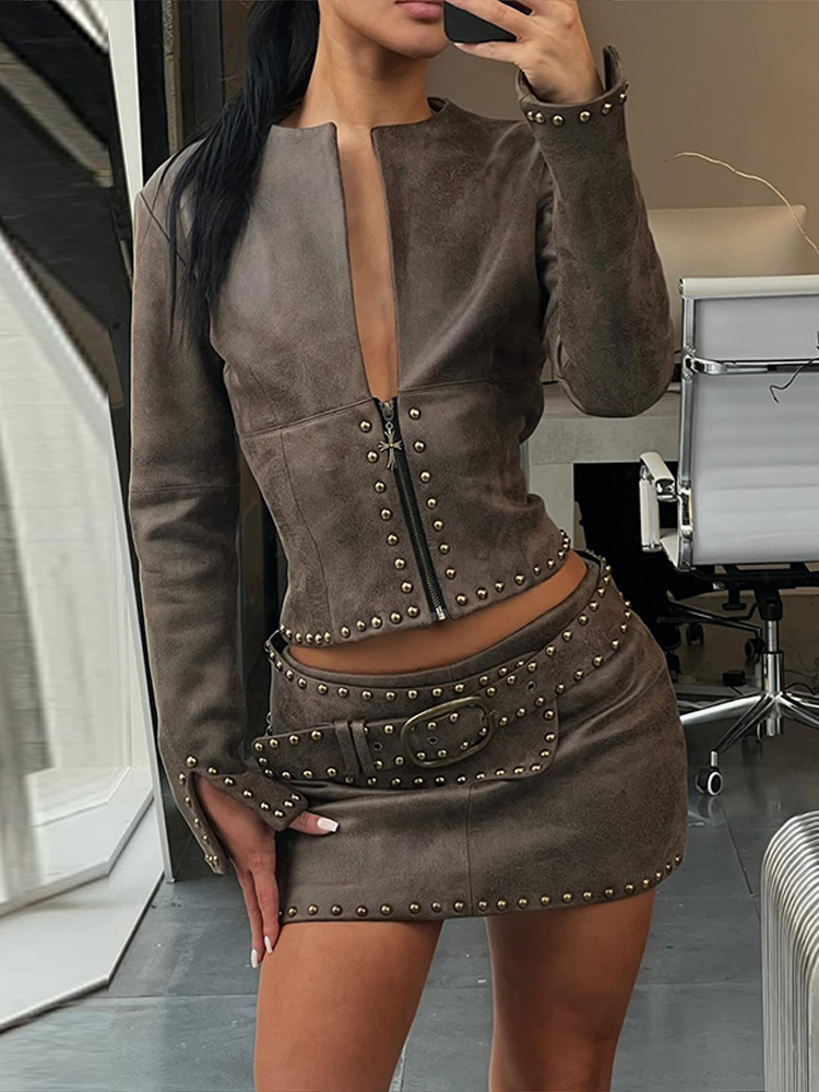 Y2k Leather Skirt Set Women Ri - đánh giá và giá Leatherwork Belt