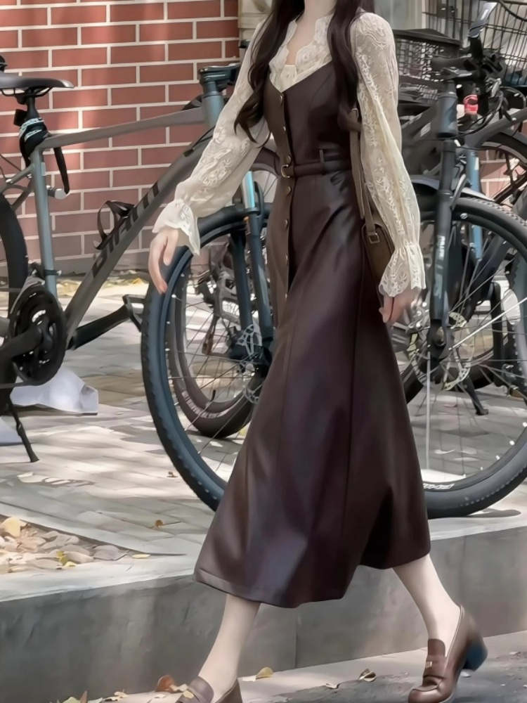 Retro Lace Splicing Leather St - đánh giá và giá Leather Work Outfit